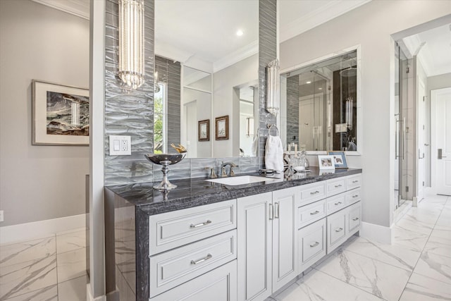 3851 Chevy Chase Dr, Houston, TX 77019 - bathroom featuring ornamental molding, marble finish floor, and baseboards