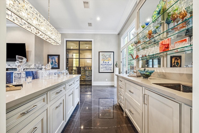 3851 Chevy Chase Dr, Houston, TX 77019 - bar with recessed lighting, granite finish floor, baseboards, visible vents, and crown molding