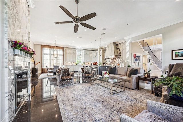 3851 Chevy Chase Dr, Houston, TX 77019 - living room with recessed lighting, stairway, ornamental molding, visible vents, and a ceiling fan