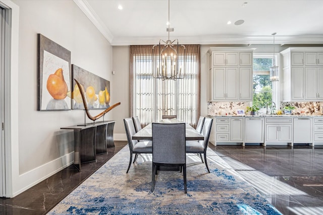 3851 Chevy Chase Dr, Houston, TX 77019 - dining area featuring crown molding, an inviting chandelier, baseboards, and plenty of natural light