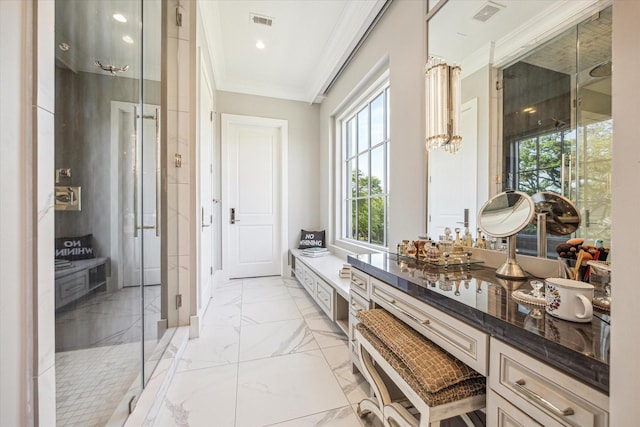 3851 Chevy Chase Dr, Houston, TX 77019 - bathroom with visible vents, a stall shower, crown molding, and marble finish floor