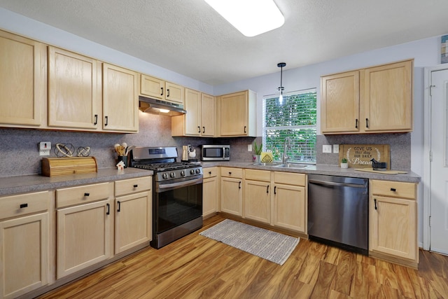 3739 Apple Hollow Ln, Humble, TX 77396 - kitchen with appliances with stainless steel finishes, light brown cabinets, under cabinet range hood, and a textured ceiling