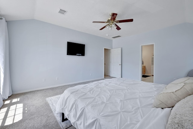 3739 Apple Hollow Ln, Humble, TX 77396 - bedroom featuring vaulted ceiling, carpet floors, ensuite bathroom, ceiling fan, and baseboards