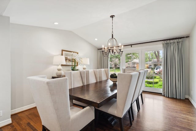 dining space with a chandelier, baseboards, dark wood-style floors, lofted ceiling, and recessed lighting