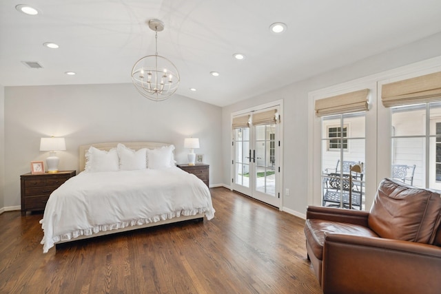 bedroom featuring access to outside, an inviting chandelier, baseboards, visible vents, and dark wood-style floors