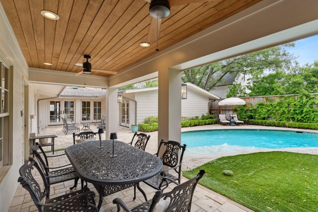 view of patio featuring a fenced in pool, a ceiling fan, a fenced backyard, and french doors