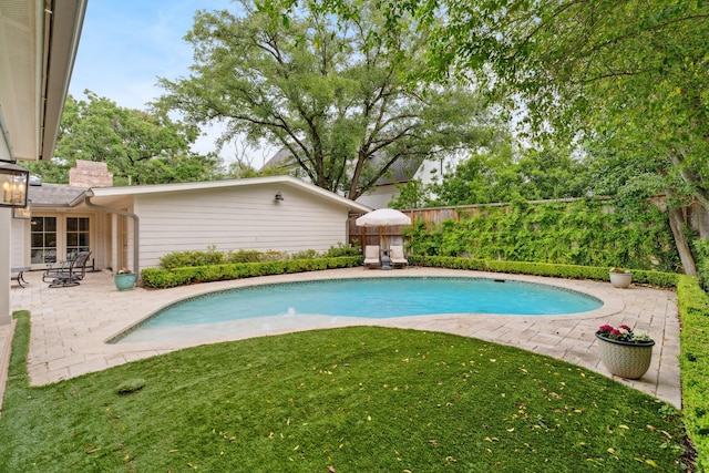pool with a lawn, a fenced backyard, and a patio area