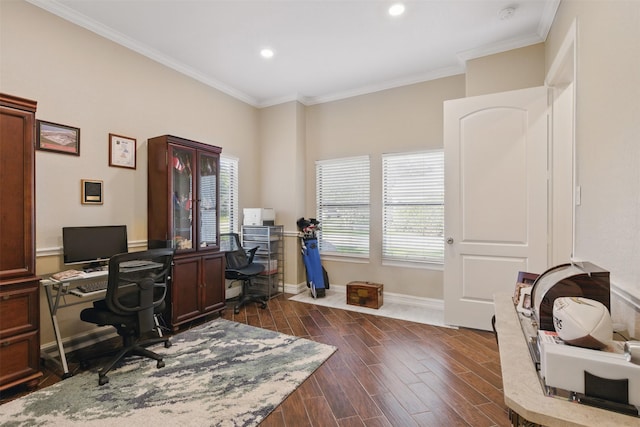 90 Greenview St, Montgomery, TX 77356 - office area with crown molding, baseboards, recessed lighting, and dark wood-style flooring