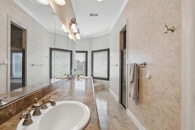 90 Greenview St, Montgomery, TX 77356 - full bath featuring crown molding, a shower stall, and double vanity