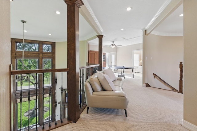 90 Greenview St, Montgomery, TX 77356 - living room with baseboards, decorative columns, plenty of natural light, crown molding, and carpet flooring