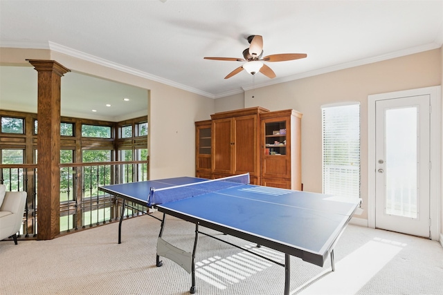 90 Greenview St, Montgomery, TX 77356 - game room featuring light colored carpet, a ceiling fan, and crown molding