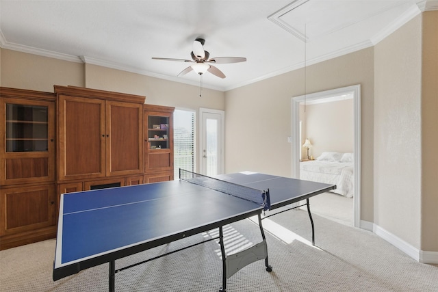 90 Greenview St, Montgomery, TX 77356 - rec room featuring attic access, light carpet, ceiling fan, crown molding, and baseboards