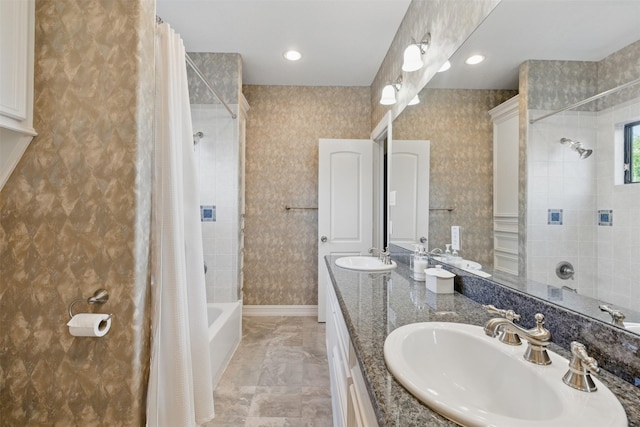 90 Greenview St, Montgomery, TX 77356 - full bathroom featuring shower / bath combo with shower curtain, marble finish flooring, and double vanity