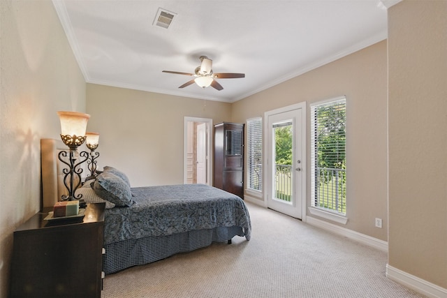 90 Greenview St, Montgomery, TX 77356 - bedroom featuring access to exterior, crown molding, baseboards, carpet floors, and a ceiling fan