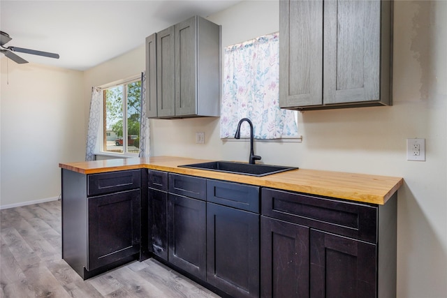 kitchen with light wood finished floors, a sink, a ceiling fan, a peninsula, and butcher block counters