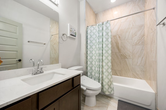 bathroom featuring recessed lighting, vanity, shower / bath combo, and toilet