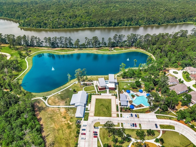 birds eye view of property with a water view and a forest view