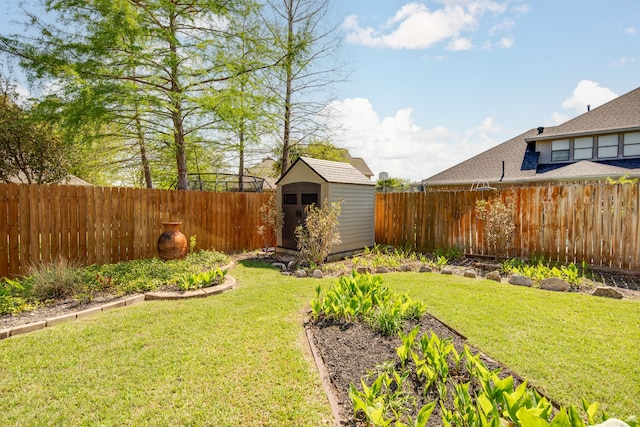 view of yard with a storage unit, a fenced backyard, and an outdoor structure