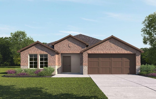 30106 Reagans Ranch Dr, Katy, TX 77494 - ranch-style house featuring a front lawn, stone siding, brick siding, concrete driveway, and an attached garage
