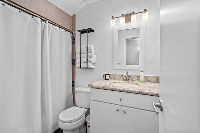 bathroom featuring vanity, toilet, a shower with shower curtain, and a textured wall