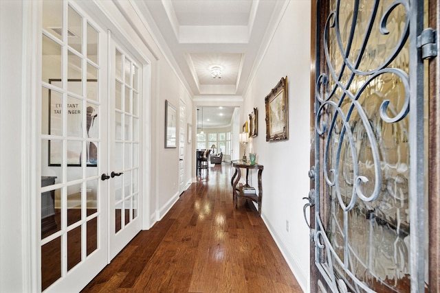 19907 Cullen Ridge Dr, Porter, TX 77365 - foyer with wood finished floors, baseboards, visible vents, a raised ceiling, and french doors