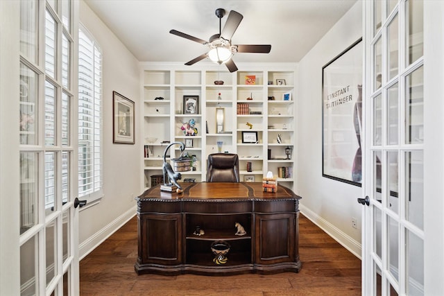 19907 Cullen Ridge Dr, Porter, TX 77365 - office space featuring a ceiling fan, dark wood-style flooring, french doors, and baseboards
