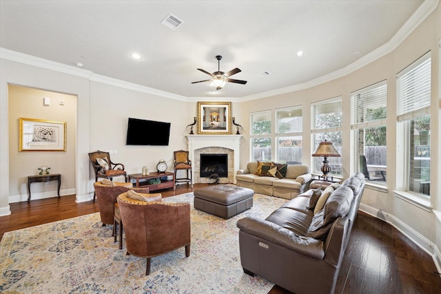 19907 Cullen Ridge Dr, Porter, TX 77365 - living area with visible vents, wood finished floors, a ceiling fan, and crown molding