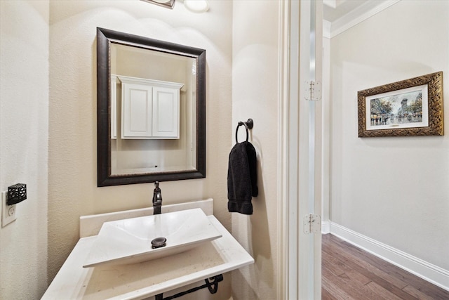 19907 Cullen Ridge Dr, Porter, TX 77365 - bathroom with baseboards, wood finished floors, crown molding, and a sink