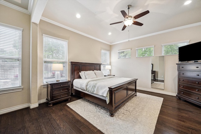 bedroom with baseboards, recessed lighting, dark wood-style flooring, and crown molding