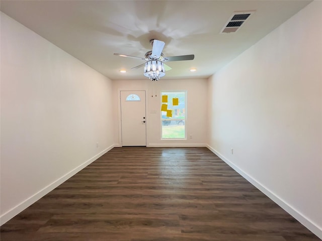 5618 Grace Point Ln, Houston, TX 77048 - foyer with visible vents, a ceiling fan, dark wood finished floors, and baseboards