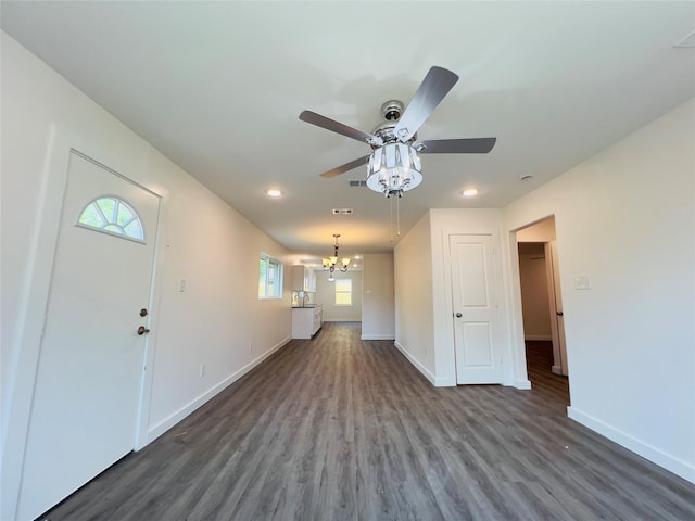 5618 Grace Point Ln, Houston, TX 77048 - entrance foyer with visible vents, baseboards, dark wood-style flooring, recessed lighting, and ceiling fan with notable chandelier