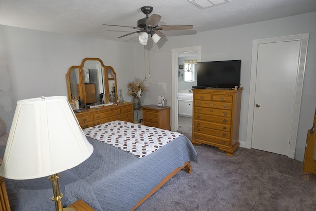 bedroom featuring carpet, visible vents, a ceiling fan, and ensuite bath