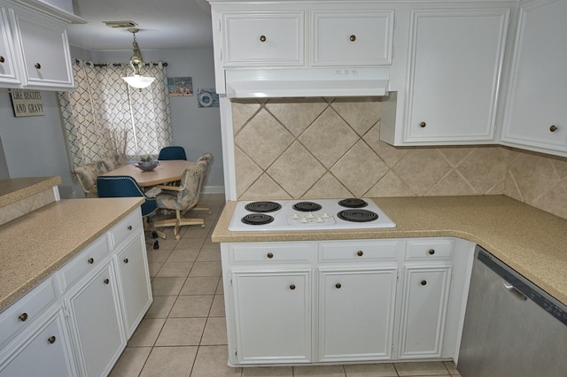kitchen with dishwasher, white cabinets, white electric cooktop, and under cabinet range hood