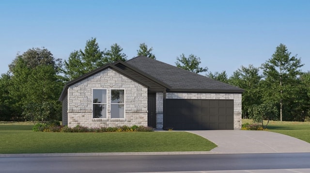 view of front of house featuring a front yard, concrete driveway, stone siding, and a garage