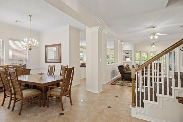 dining area with visible vents, stairway, light tile patterned floors, ceiling fan with notable chandelier, and ornate columns