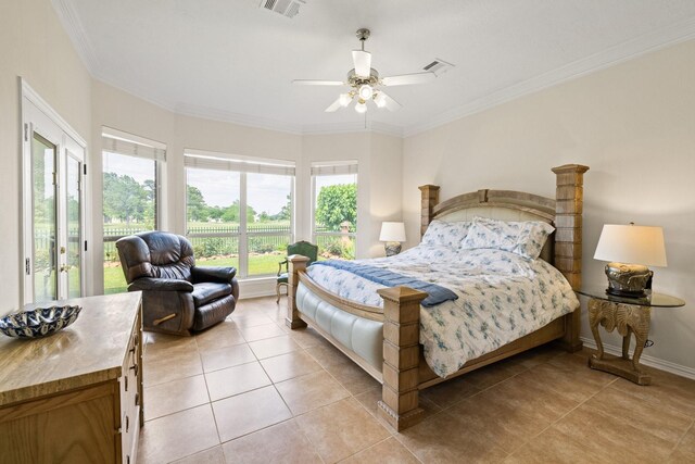 bedroom featuring access to outside, crown molding, light tile patterned flooring, and visible vents