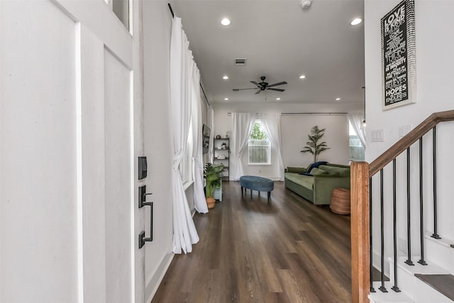 foyer with visible vents, dark wood-style flooring, stairs, recessed lighting, and a ceiling fan