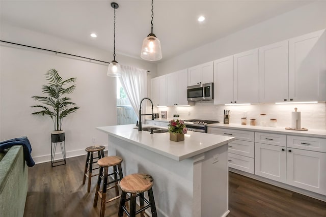 kitchen featuring dark wood-style flooring, a sink, an island with sink, stainless steel appliances, and tasteful backsplash