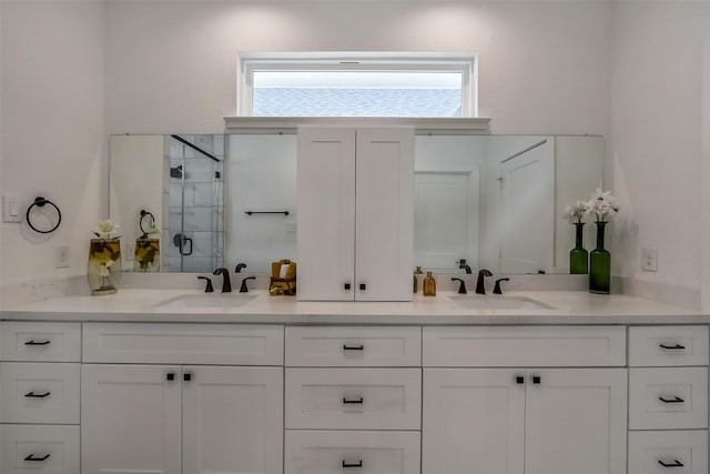 bathroom featuring a sink, a shower stall, and double vanity