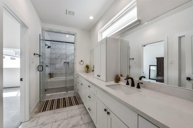 full bath featuring vanity, marble finish floor, recessed lighting, visible vents, and a stall shower