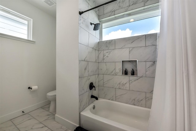 full bathroom with shower / bath combination with curtain, visible vents, baseboards, toilet, and marble finish floor