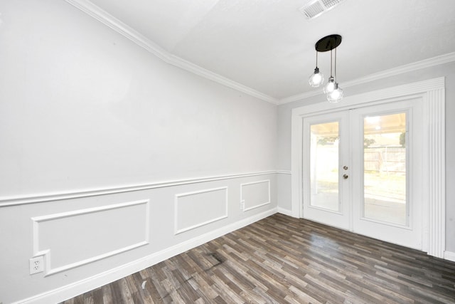 15030 Royal Shadows Dr, Houston, TX 77082 - unfurnished dining area featuring crown molding, dark wood-style flooring, french doors, and visible vents
