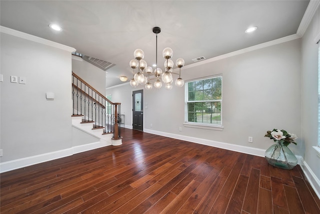 3327 Palm St, Houston, TX 77004 - spare room with wood finished floors, ornamental molding, stairway, baseboards, and a chandelier