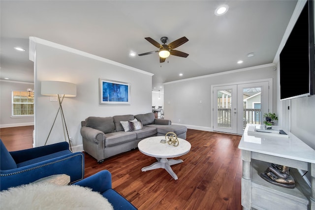 3327 Palm St, Houston, TX 77004 - living room with ceiling fan, baseboards, ornamental molding, plenty of natural light, and dark wood finished floors