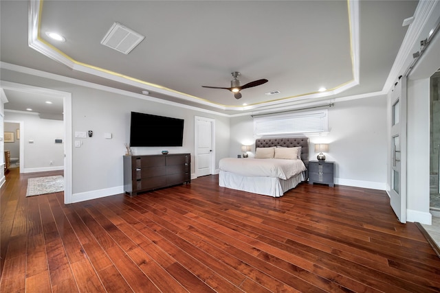 3327 Palm St, Houston, TX 77004 - bedroom featuring a raised ceiling, wood-type flooring, baseboards, ornamental molding, and recessed lighting