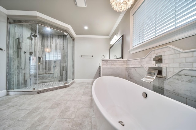 3327 Palm St, Houston, TX 77004 - bathroom featuring a stall shower, a freestanding bath, crown molding, vanity, and recessed lighting