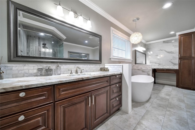 3327 Palm St, Houston, TX 77004 - bathroom with crown molding, a soaking tub, walk in shower, vanity, and tile walls