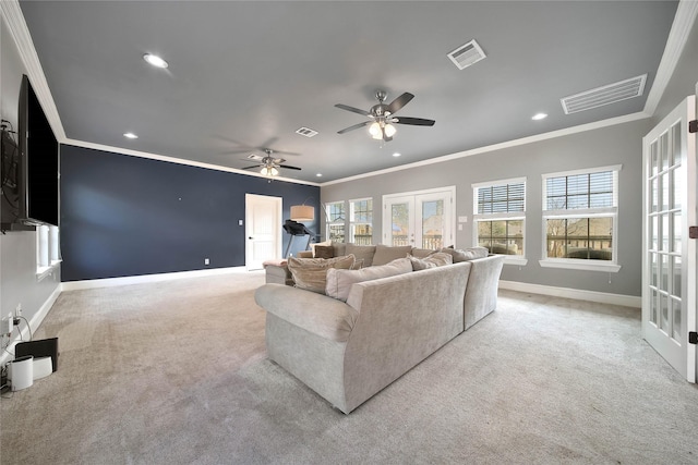 3327 Palm St, Houston, TX 77004 - carpeted living area featuring french doors, recessed lighting, baseboards, ornamental molding, and a ceiling fan