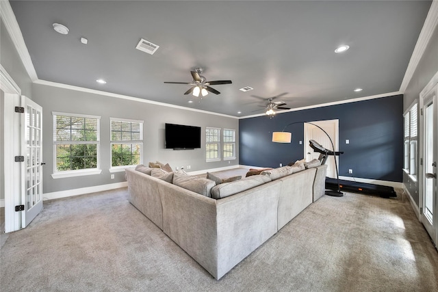 3327 Palm St, Houston, TX 77004 - living room featuring carpet floors, crown molding, baseboards, recessed lighting, and french doors