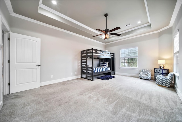 3327 Palm St, Houston, TX 77004 - carpeted bedroom featuring a tray ceiling, ornamental molding, baseboards, recessed lighting, and ceiling fan